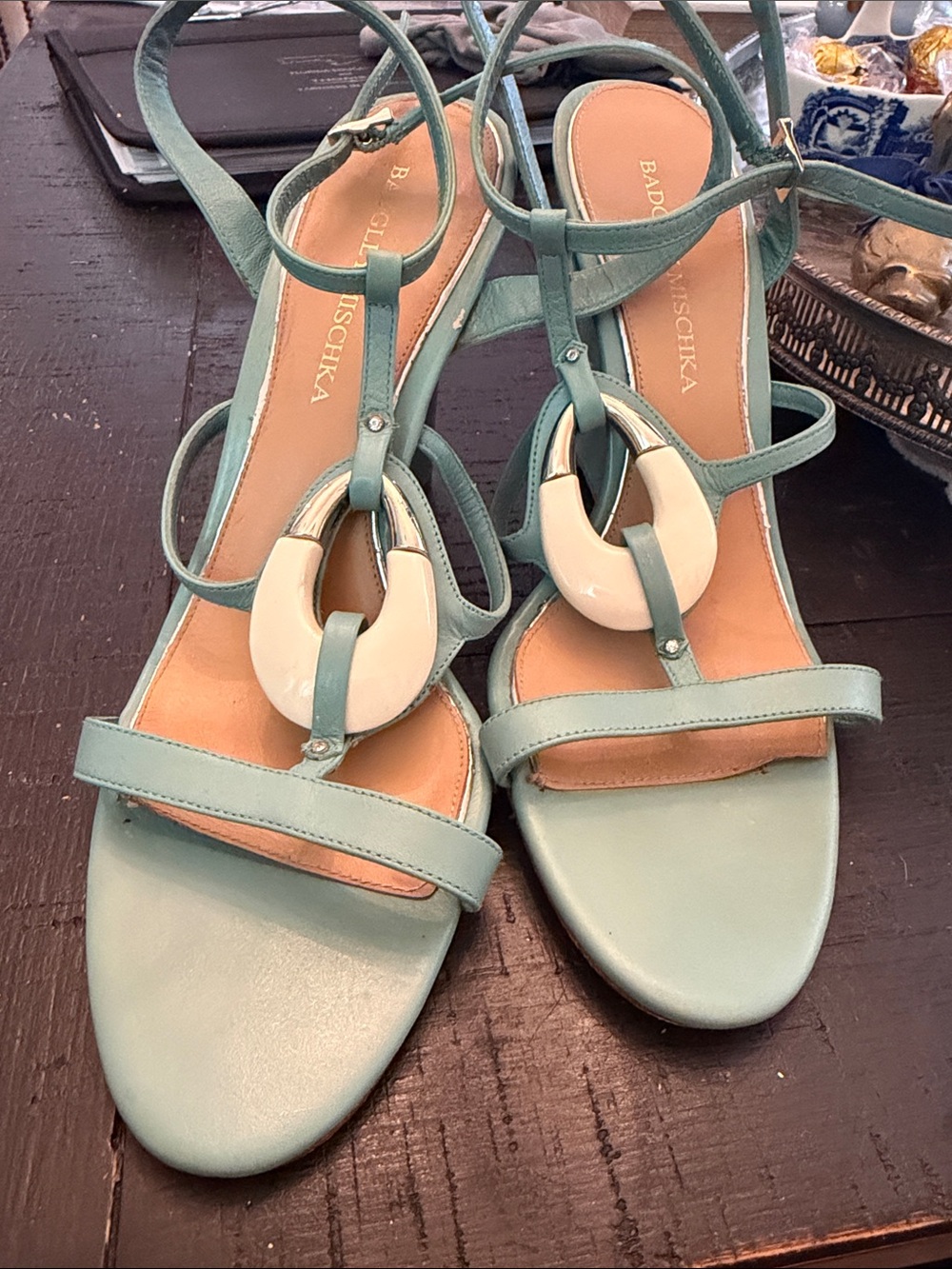 Badgley Mischka Sage Green Leather T-Strap Wedge Sandals with Cream Accent - Picture 4 of 10